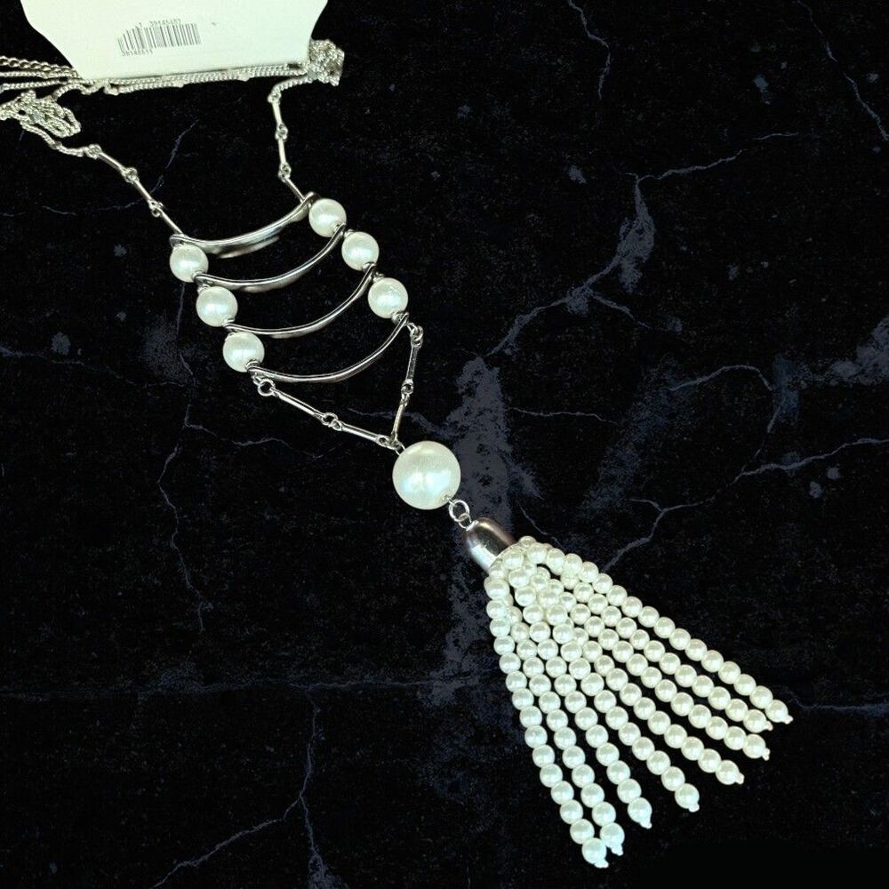 NEW Cato Long Chain Fringe Beaded Pendant Elegant White Silver Tone